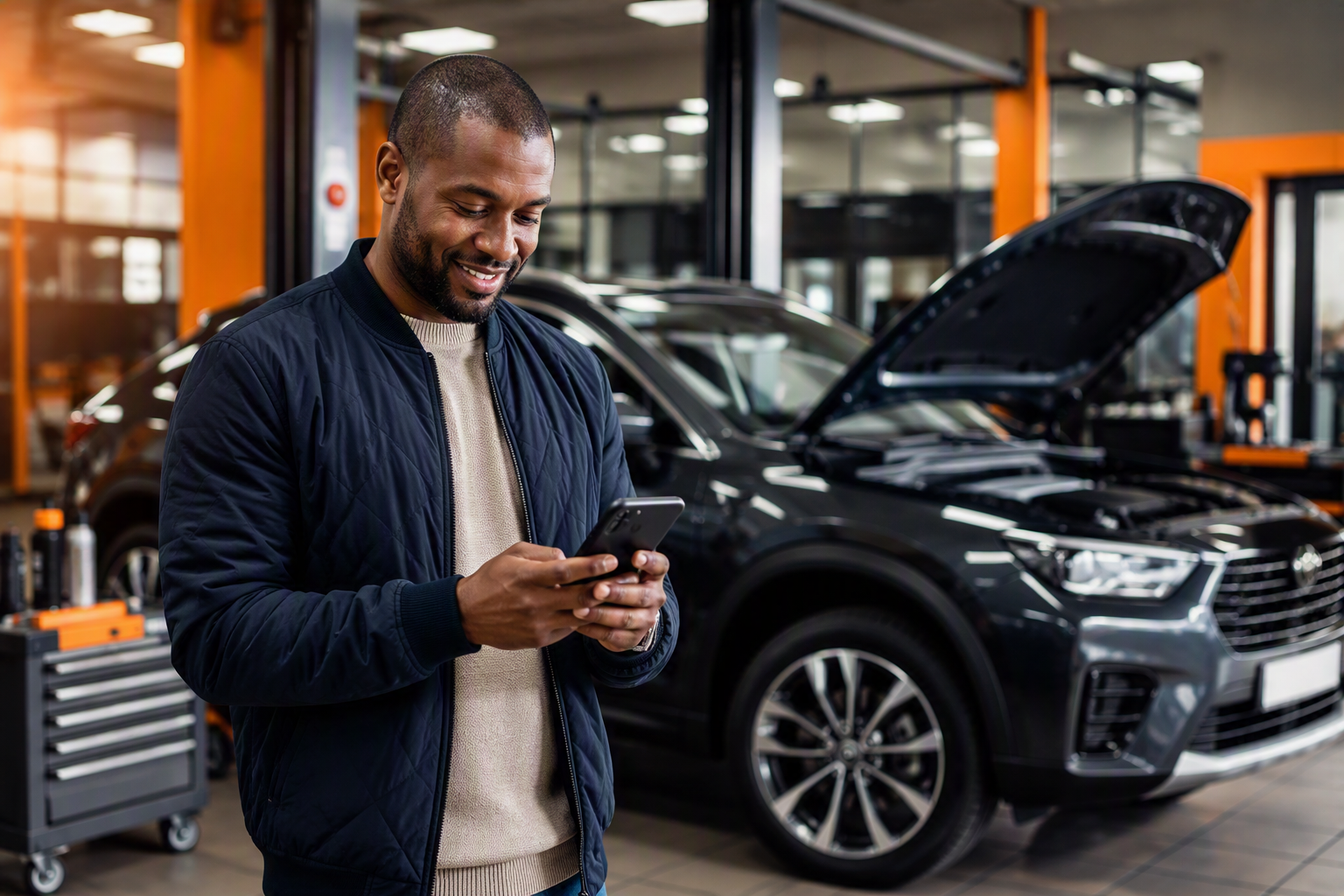 Motoplan service plan customer checking vehicle service information while standing in a professional automotive service centre.